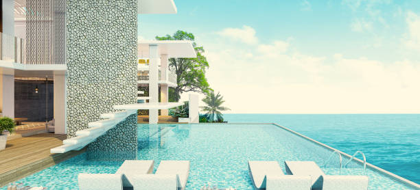 istock Modern house with a swimming pool, sea view 1223931475