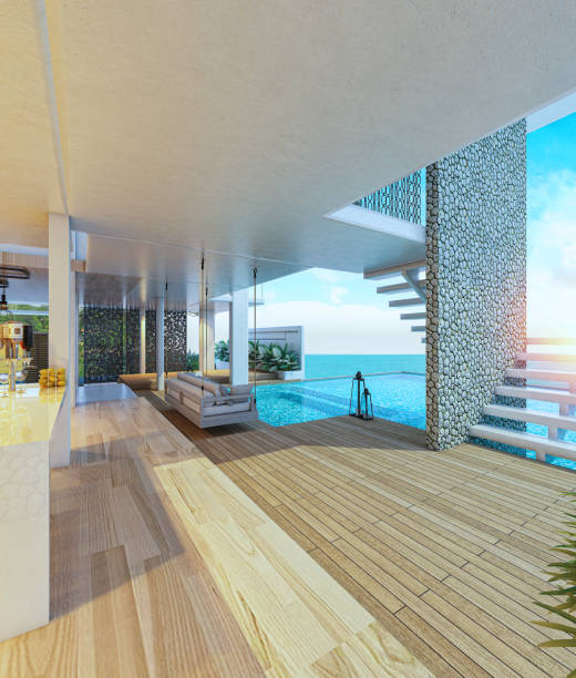 istock Modern house with a swimming pool, sea view 1223931498