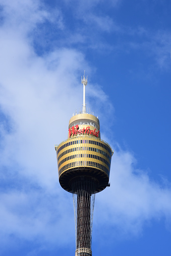 Sydney, Australia - February 14, 2020: Close up view of Sydney Tower or Westfield at the Central Business District in Sydney, Australia
