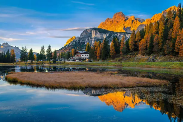 Beautiful dawn scenery with mountains reflected on the lake Antorno at sunrise, Dolomites, Italy, Europe