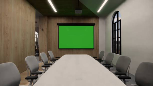 istock Interior Empty Modern Loft Office open space modern office footage.Modern open concept Lobby and reception area meeting room design.3d Rendering .green screen on the wall. 1223938376