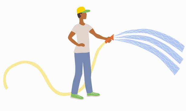 ilustraciones, imágenes clip art, dibujos animados e iconos de stock de un joven rocía el suelo y las plantas con agua de una manguera. un jardinero o trabajador con una gorra con visera y zapatillas cuida el jardín. - fountain water physical pressure splashing