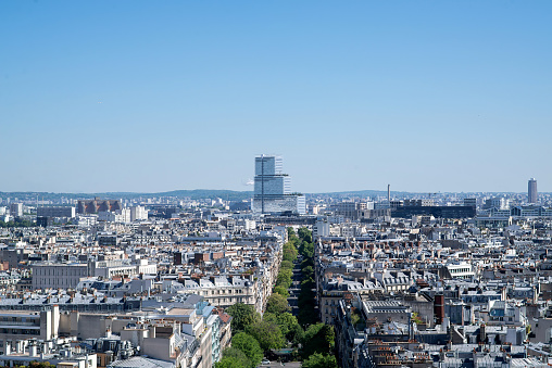 Paris. France - May 15, 2019: Avenue de Wagram. View from Arc de Triomphe in Paris. France. Tribunal de Paris on Background.