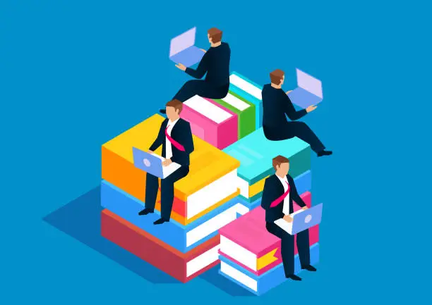 Vector illustration of Business team planning and research marketing, the team sits on books and works