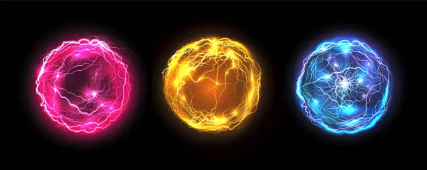 Vector illustration of Energy balls and plasma sphere, vector electric lightning and light flash sparks. Magic lightning discharge, red pin, blue purple and golden yellow color realistic energy balls, electric light burst