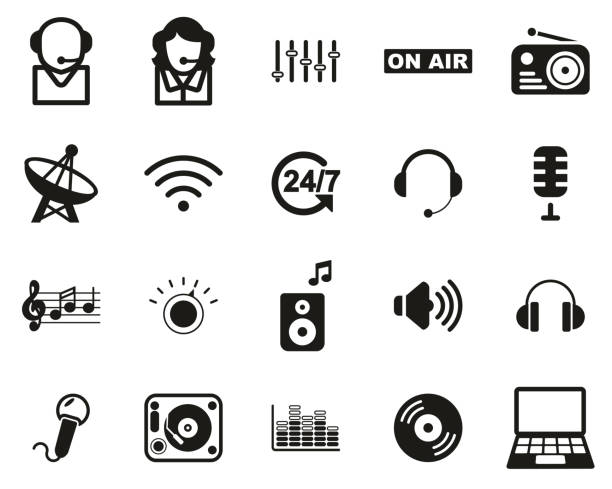 radio station & radio equipment icons black & white set big - jukebox icon stock-grafiken, -clipart, -cartoons und -symbole