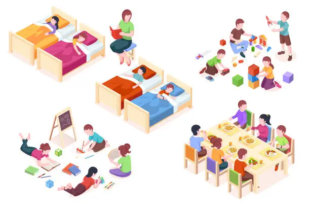 Vector illustration of Set of isolated illustration of children's kindergarten activity. Kids at sleep, child at dining table, boys and girls playing, preschool kinder study and read books. Woman teacher with her class