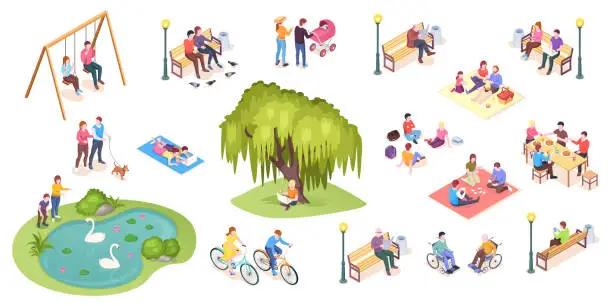 Vector illustration of People in park leisure and outdoor activity, family picnic and summer rest, vector isometric isolated elements. City park isometry icons of people sitting on bench, playing on lawn and reading book