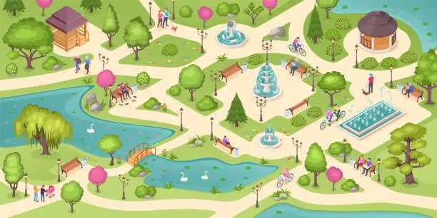 Vector illustration of People in city park, summer leisure activity, isometric vector background. People rest in public park, sitting on bench, reading book and newspaper, walking and jogging, park pond, fountains and lawns