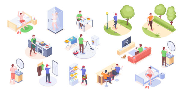 Man daily life, home routine and everyday life, vector isometric icons. Man daily work day and leisure activity, morning wake up, eating breakfast, watching TV, running in park, cooking and shopping Man daily life, home routine and everyday life, vector isometric icons. Man daily work day and leisure activity, morning wake up, eating breakfast, watching TV, running in park, cooking and shopping man doing household chores stock illustrations