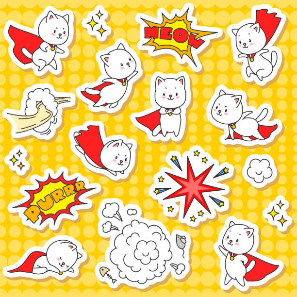 Set of super cat stickers vector art illustration