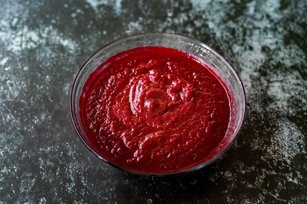 istock Beetroot Hummus Dip / Beet Puree Paste in Glass Bowl. 1223944884