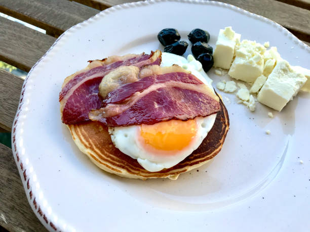 istock Pancake with Fried Egg, Crispy Bacon, Cheese and Olives in Breakfast Plate. 1223944903