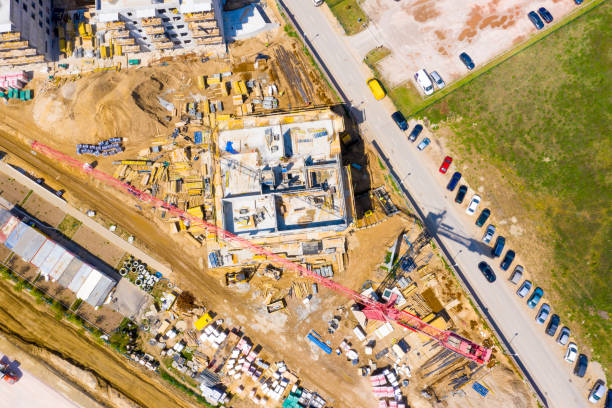 istock Construction site with cranes. Construction workers are building.Aerial view.Top view. 1223944949