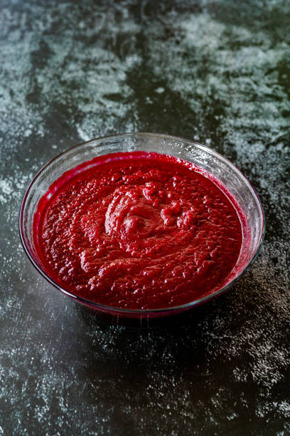 istock Beetroot Hummus Dip / Beet Puree Paste in Glass Bowl. 1223946011