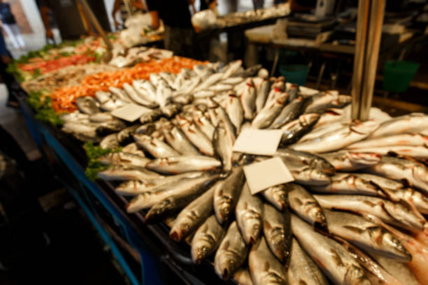 Fresh fish in fish market. Unfocused image