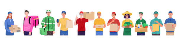 フラットデザインコンセプト、様々な文字で配達人のセット。ベクトル - men mail manual worker human hand点のイラスト素材／クリップアート素材／マンガ素材／アイコン素材