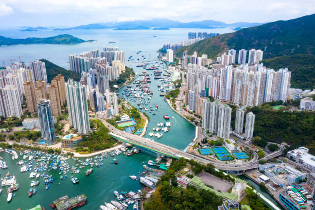 Aerial view of Aberdeen Typhoon Shelters and Ap Lei Chau, Hong Kong Aerial view of Aberdeen Typhoon Shelters and Ap Lei Chau, Hong Kong aberdeen hong kong photos stock pictures, royalty-free photos & images