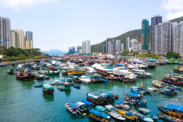 Aerial view of Aberdeen Typhoon Shelters and Ap Lei Chau, Hong Kong Aerial view of Aberdeen Typhoon Shelters and Ap Lei Chau, Hong Kong aberdeen hong kong photos stock pictures, royalty-free photos & images