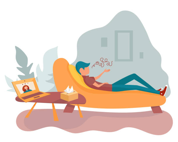 Client lying and talking on couch Client lying and talking on couch at home while psychologist online session. Vector illustration. Man talks his problems to therapist through a video call. Concept of social distancing, quarantine or working online man video call doctor stock illustrations