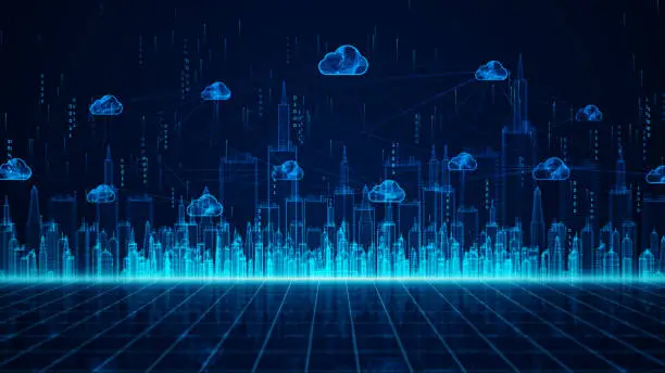 Photo of Digital City and cloud computing using artificial intelligence, 5g high-speed connection data analysis. Digital data network connections and global communication background.