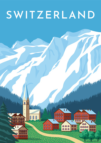 Switzerland travel retro poster, nature vintage banner. Summer Alps landscape, mountain Austria village. Hand drawing flat vector illustration.