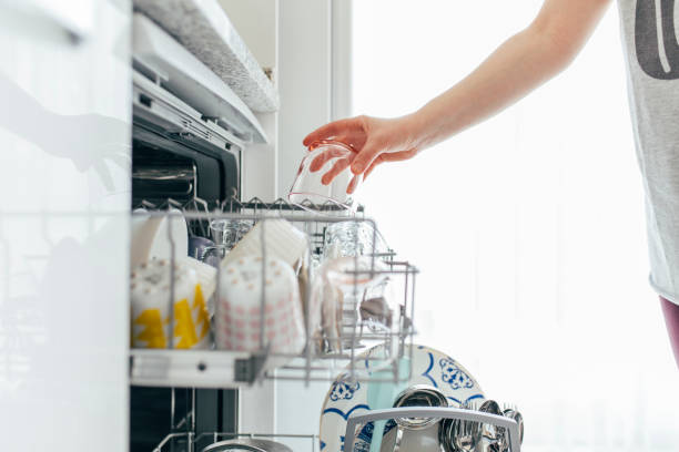 Woman Using Dishwasher Woman using dishwasher, close up drudgery photos stock pictures, royalty-free photos & images
