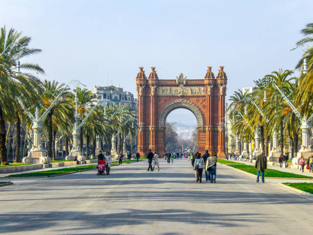 Arc de Triomf in Barcelona. In February 2016, tourists were walking near the Arc de Triomf in Barcelona. arc de triomf barcelona photos stock pictures, royalty-free photos & images