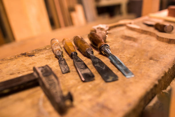 istock Close up of chisels on a wooden worktable 1223956251