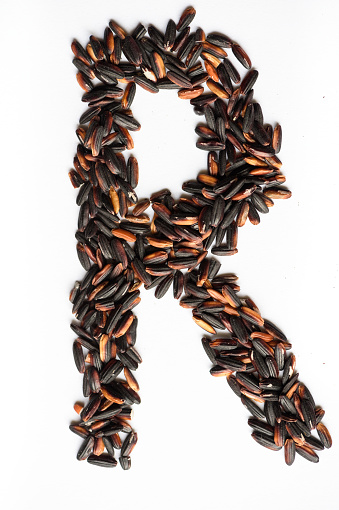 Macro shot of Wild rice isolated on white background from above. Letter R