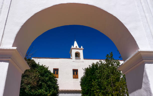 Traditional white Mediterranean church in Sant Miquel de Balansat, Ibiza, Balearic Islands, Spain