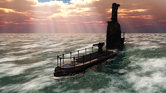 3D illustration or retro ornate submarine surfacing on ocean under dramatic sky with god rays