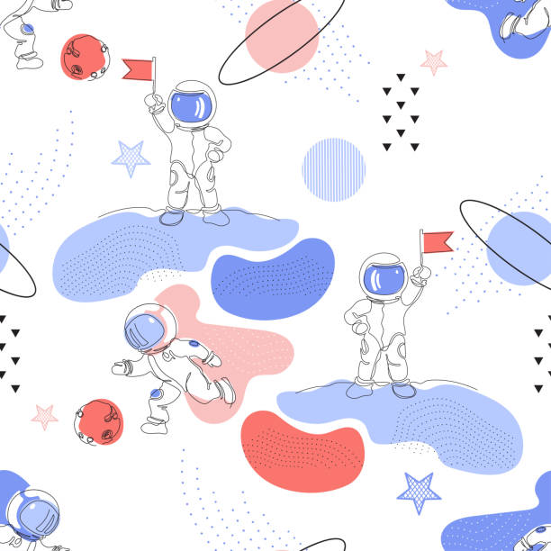istock Seamless pattern. Astronaut with flag in hand. Astronauts play football. 1223966259