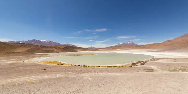 Stunning panoramic view of famous Honda Lake (lagoon). Beautiful landscape of spectacular Bolivian Andes and the Altiplano in the magnificent wild Siloli Desert, near the Salar de Uyuni, in Bolivia