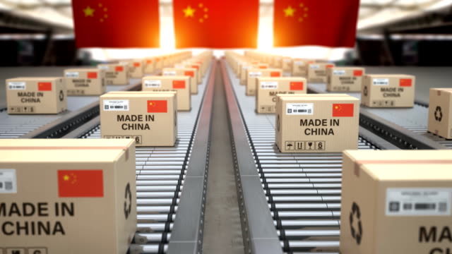 Made in China. Cardboard boxes with product from China and chinese flag on the roller conveyor. Production, delivery and import export concept, 3d loopable animation
