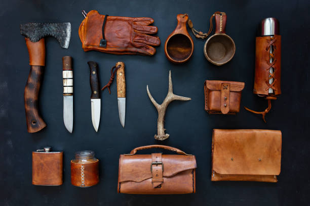 istock bushcraft equipment and leather materials 1223967234