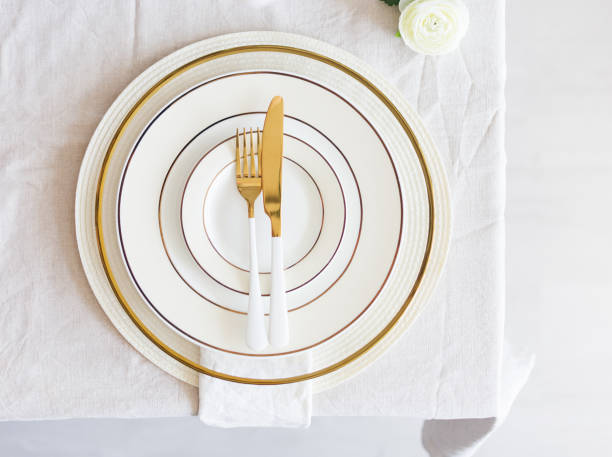 istock Close up minimal serving plate for holiday with bright tablecloth and tableware. 1223967408