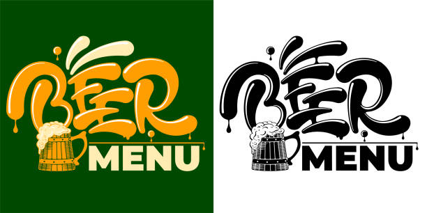 Beer menu emblem Beer menu header for drink and food establishments. Unique hand lettering and wooden beer mug in two variants color and monochrome. Suitable for any design on beer theme. Vector illustration. bar drink establishment stock illustrations