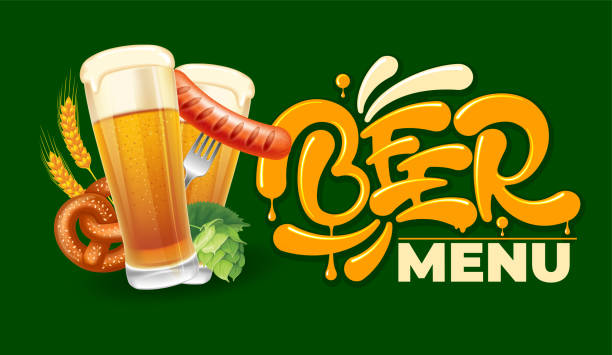 Beer menu emblem Beer menu header for drink and food establishments. Unique hand lettering, beer glass and snacks. Suitable for any design on beer theme. Isolated vector illustration. bar drink establishment stock illustrations