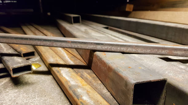 istock Square high carbon metal pipe at a construction site 1223968689