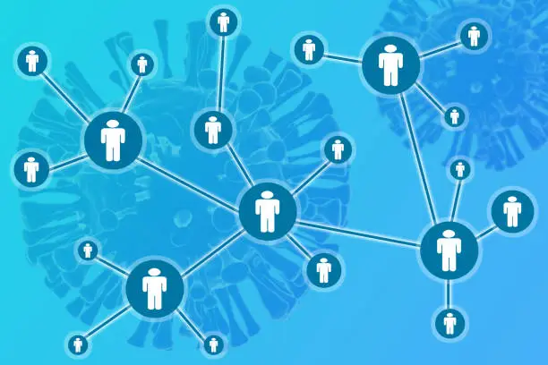 Concept of coronavirus or covid-19 contract tracing showing with network of connected illustrative humans with 3d rendered virus as background