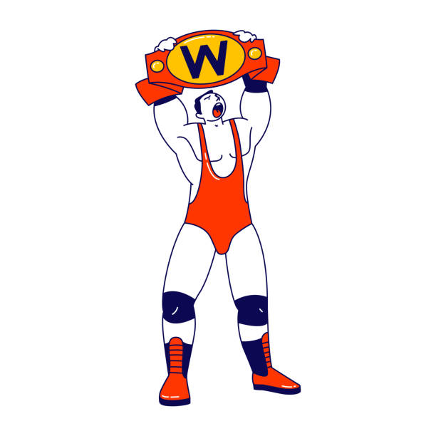 illustrations, cliparts, dessins animés et icônes de homme character wrestling fight gagnant tenant ceinture d’or au-dessus de la tête. sport, performance show, combat sur arène professionnelle. compétition de boxe ou de bataille gréco-romaine. illustration linéaire de vecteur - greco roman