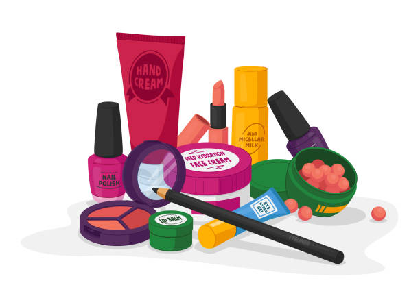 Female Cosmetics Nail Polish, Hand Cream and Lip Balm, Deep Hydration Face Cream, Eye Hydro Gel and Lipstick, Mascara, Powder, Micellar Milk. Eye Shadow Palette Cosmetic. Cartoon Vector Illustration Female Cosmetics Nail Polish, Hand Cream and Lip Balm, Deep Hydration Face Cream, Eye Hydro Gel and Lipstick, Mascara, Powder, Micellar Milk. Eye Shadow Palette Cosmetic. Cartoon Vector Illustration cosmetics eyes stock illustrations