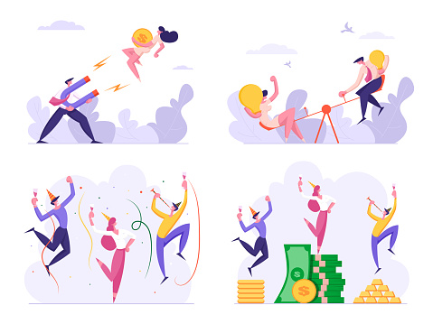 istock Set of Business People Celebrate Success Drinking and Dancing at Money Piles. Male and Female Characters Attract Clients with Magnet, Developing Creative Ideas, Start Up. Cartoon Vector Illustration 1223970125