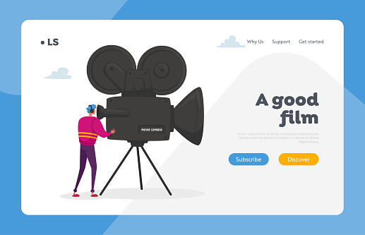 Cinema and Cinematography Industry with Moviemaker and Videocamera Landing Page Template. Cameraman Character Look in Movie Camera Taking Video. Operator Shooting Scene. Cartoon Vector Illustration
