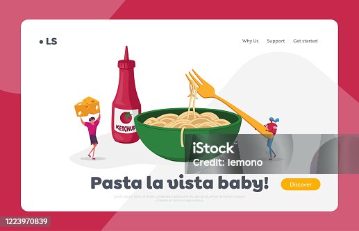 istock Macaroni Italian Cuisine, Healthy Food Landing Page Template. Tiny Female Characters Eating Spaghetti Pasta with Ketchup and Cheese. Huge Sauce Bottle near Plate. Cartoon People Vector Illustration 1223970839