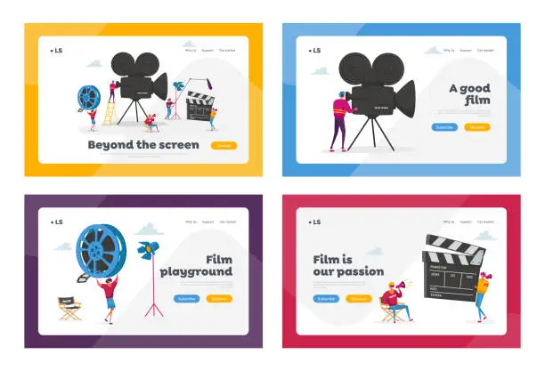 Vector illustration of Cinematography Industry Landing Page Template Set. Tiny People Characters Making Movie. Operator Using Camera and Staff with Professional Equipment Recording Film Process. Cartoon Vector Illustration