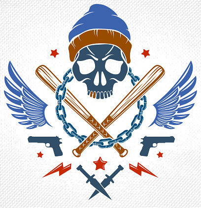 Gang brutal criminal emblem or logo with aggressive skull baseball bats and other weapons and design elements, vector anarchy crime terror retro style, ghetto revolutionary.