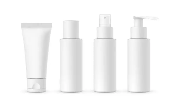 Vector illustration of Blank cosmetic packaging mockup: tube, spray, bottle with press pump