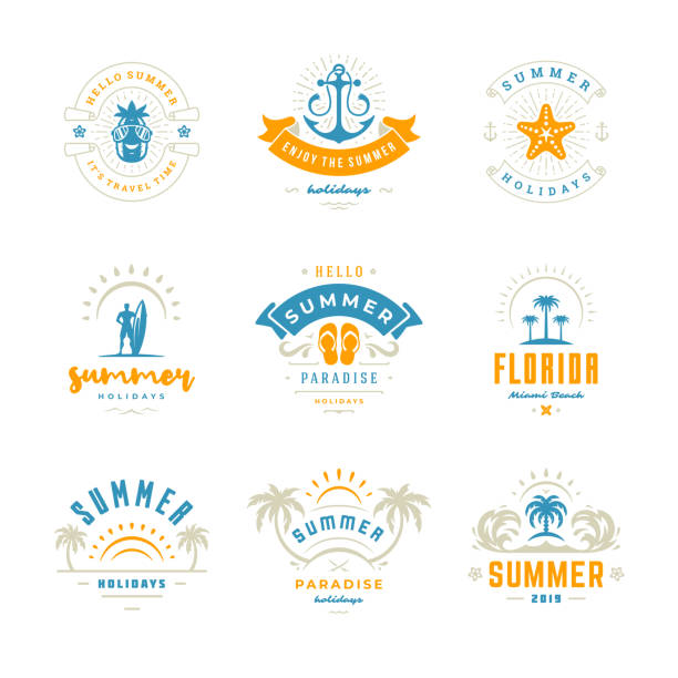 label liburan musim panas dan lencana set desain tipografi retro - holiday badges ilustrasi stok